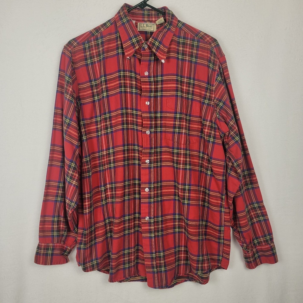 Vintage 90s LL Bean Red Plaid Flannel Button Down Shirt Mens L Made in USA Flaw